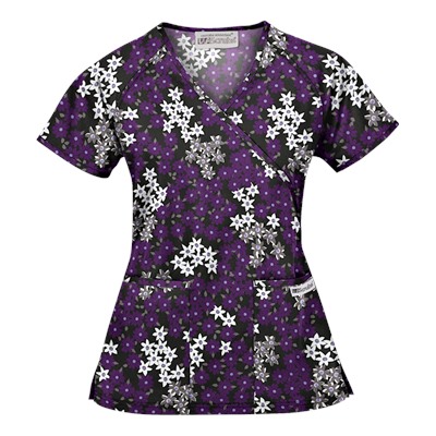 UA Vibrant Blossoms Black Mock Wrap Scrub Top