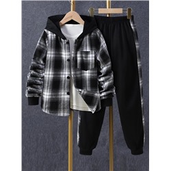 Jungen 1 Stück Shirt Mit Plaid Muster, Knopf Vorne, Kapuze & 1 Stück Jogginghose