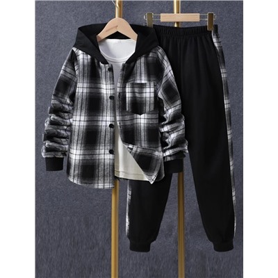 Jungen 1 Stück Shirt Mit Plaid Muster, Knopf Vorne, Kapuze & 1 Stück Jogginghose