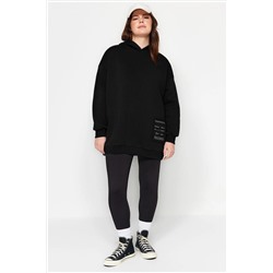 Siyah Kapüşonlu Slogan Detaylı İçi Polar Kalın Örme Sweatshirt TBBAW24AO00018