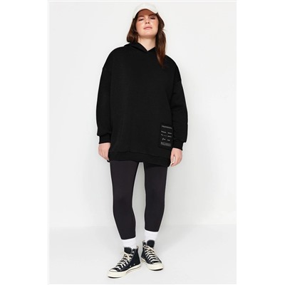 Siyah Kapüşonlu Slogan Detaylı İçi Polar Kalın Örme Sweatshirt TBBAW24AO00018