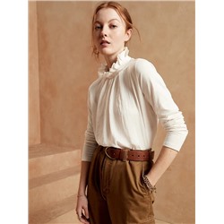 Mixed Media Ruffle Mock-Neck Top