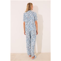Pijama camisero largo viscosa flores azul