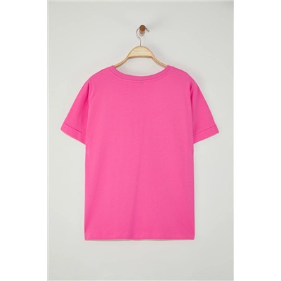 Pembe Detaylı Basic %100 Pamuk Örme T-shirt TBBSS24BF00055