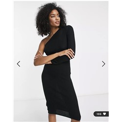 Vila one shoulder knitted midi dress in black