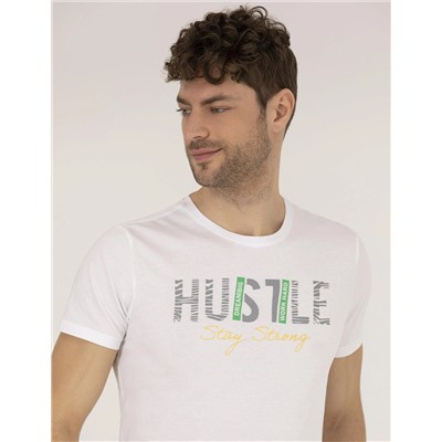 Beyaz Slim Fit Baskılı Bisiklet Yaka Tişört