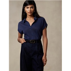 LINEN-BLEND JOHNNY-COLLAR TOP