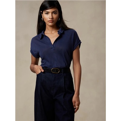 LINEN-BLEND JOHNNY-COLLAR TOP
