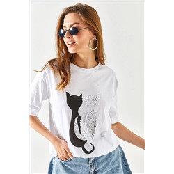 Olalook Kadın Beyaz Varaklı Kedi Motifli Pamuk Tişört TSH-19000761