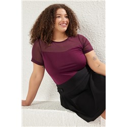 Mürdüm Kalp Yaka Mesh Detaylı Örme Bluz TBBSS24AF00046