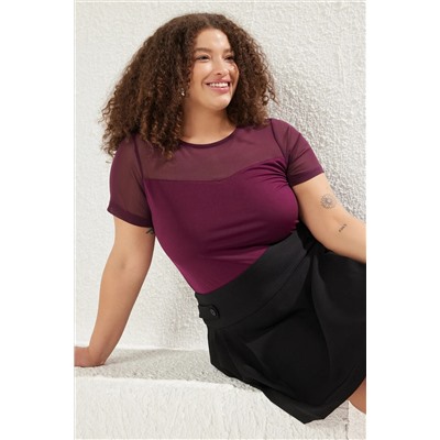 Mürdüm Kalp Yaka Mesh Detaylı Örme Bluz TBBSS24AF00046