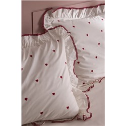 Coeur Tek Kişilik %100 Pamuk Kalp Nakışlı Nevresim Takımı - Beyaz/Kırmızı