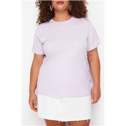 Lila Çıt Çıt Detaylı %100 Pamuk Büyük Beden Örme T-shirt TBBSS24BF00000