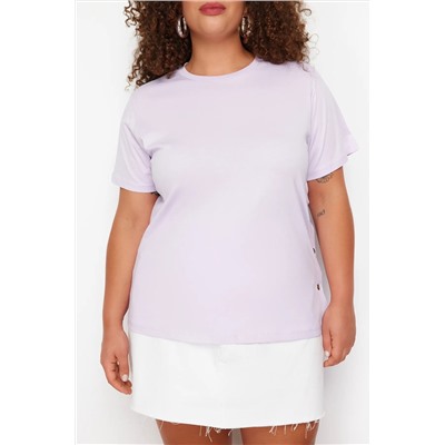 Lila Çıt Çıt Detaylı %100 Pamuk Büyük Beden Örme T-shirt TBBSS24BF00000