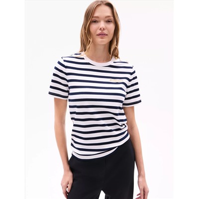 Gold Button Stripe Crewneck T-Shirt