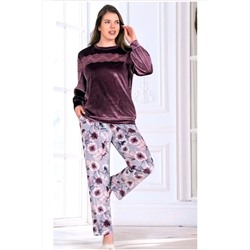 Flz Pijama Büyük Beden Battal Kadife Kışlık Pijama Takımı MOR 8955