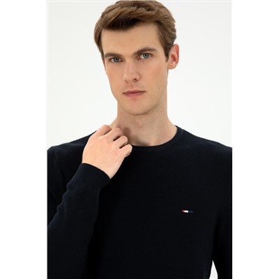 Erkek Slim Fit Bisiklet Yaka Lacivert Basic Kazak