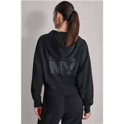 MIXED RHINESTONE STUD LOGO FULL ZIP HOODIE