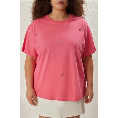 Pembe Kalp Aksesuar Detaylı Oversize %100 Pamuk Örme T-shirt TBBSS24BF00008