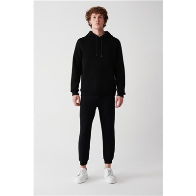 Siyah Kapüşonlu Yaka İçi Polarlı 3 İplik Pamuklu Regular Fit Standart Kesim Unisex Sweatshirt