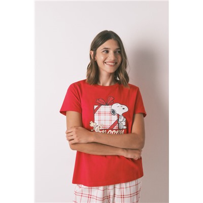 Pijama largo 100% algodón cuadros rojo Snoopy
