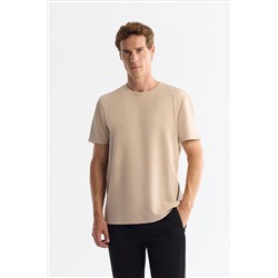 Bej Bisiklet Yaka Baskılı Elastan T-Shirt