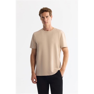 Bej Bisiklet Yaka Baskılı Elastan T-Shirt