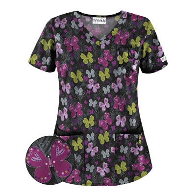 UA Butterfly Bounty Black Scrub Top
