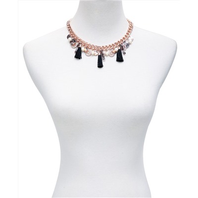 GUESS Rose Gold-Tone Crystal, Tortoise-Look, Imitation Pearl & Tassel Charm Statement Necklace, 18" + 2" extender