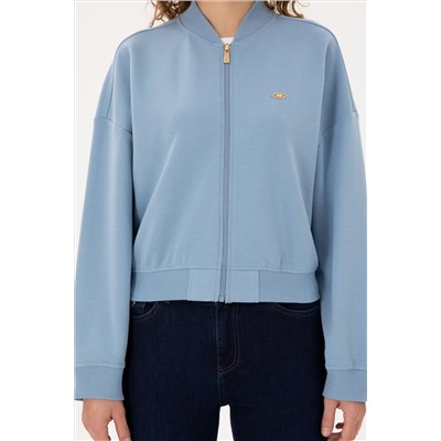Kadın Açık Mavi Bisiklet Yaka Fermuarlı Sweatshirt