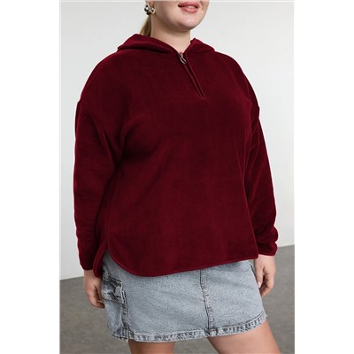 Koyu Vişne Kalın Polar Kapüşonlu Oversize/Bol Kesim Büyük Beden Sweatshirt TBBAW25AO00030