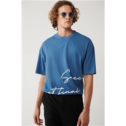İndigo %100 Pamuk Bisiklet Yaka Baskılı T-Shirt