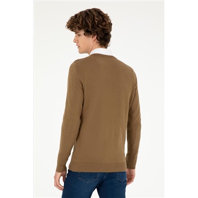 Erkek Slim Fit V Yaka Haki Melanj Basic Kazak