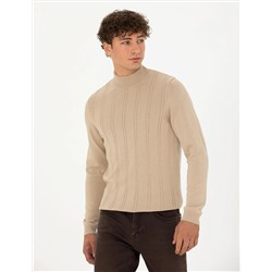 Bej Slim Fit Yarım Balıkçı Triko Kazak
