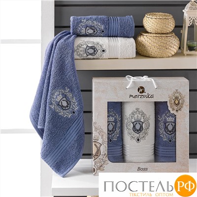 10056 Комп. Пол. MERZUKA махр. в короб. (50x80/2)(70х130/1) 3 шт. BOSS тёмно-голубой