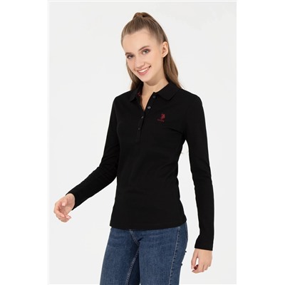 Kadın Siyah Polo Yaka Basic Sweatshirt