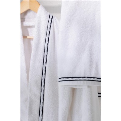 Rouen %100 Pamuk Unisex Bornoz - Beyaz/Lacivert - Lüks Koleksiyon
