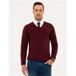Bordo Slim Fit V Yaka Basic Triko Kazak