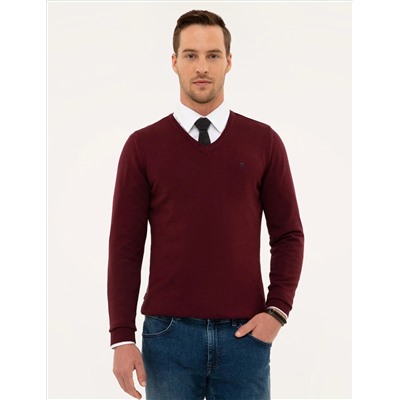 Bordo Slim Fit V Yaka Basic Triko Kazak