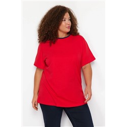 Kırmızı Renk Blok Detaylı Boyfriend %100 Pamuk Örme T-shirt TBBSS24BF00012