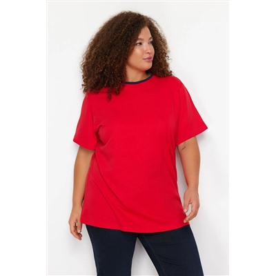 Kırmızı Renk Blok Detaylı Boyfriend %100 Pamuk Örme T-shirt TBBSS24BF00012