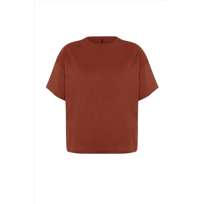 Kahverengi %100 Pamuk Sırt Baskılı Rahat Kesim Bisiklet Yaka Örme T-Shirt TBBSS24BF00025