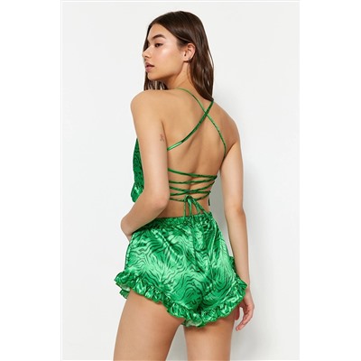 TRENDYOLMİLLA Yeşil-Çok Renkli Fırfır ve Sırt Detaylı Saten Atlet-Şort Dokuma Pijama Takımı THMSS23PT00048