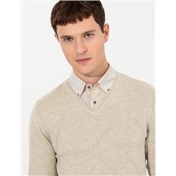 Kum Melanj Slim Fit V Yaka Triko Kazak