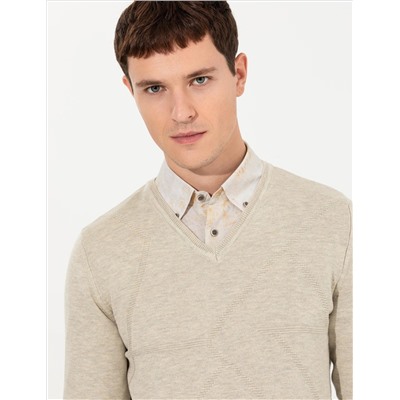 Kum Melanj Slim Fit V Yaka Triko Kazak