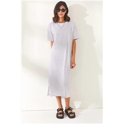 Olalook, Kadın Gri Yanı Yırtmaçlı Oversize Pamuk Elbise ELB-19001880