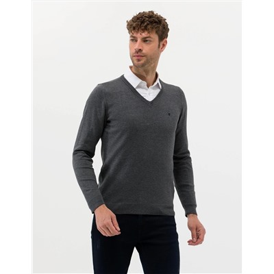Antrasit Melanj Slim Fit V Yaka Basic Triko Kazak
