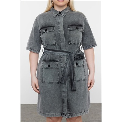 Koyu Mavi Kuşak Detaylı Mini Denim Gömlek Elbise TBBSS24AH00124