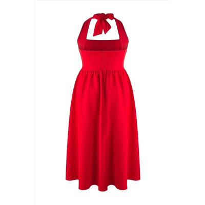 Kırmızı Kare Yaka Skater Midi Finike Dokuma Büyük Beden Elbise TBBSS25AH00255