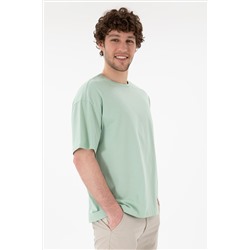 Erkek Oversize Fit Bisiklet Yaka Su Yeşili Tişört